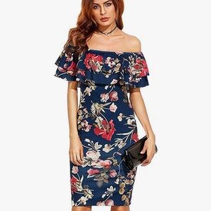 Women's Floral Ruffle Off Shoulder  Bodycon Dress